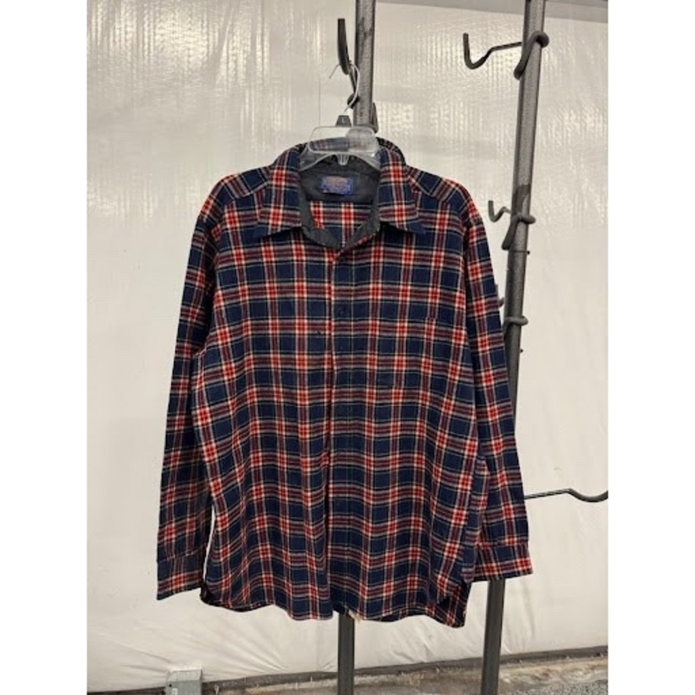 Vintage Pendleton Wool Flannel Shirt - Navy & Red Plaid - XL - Made in USA